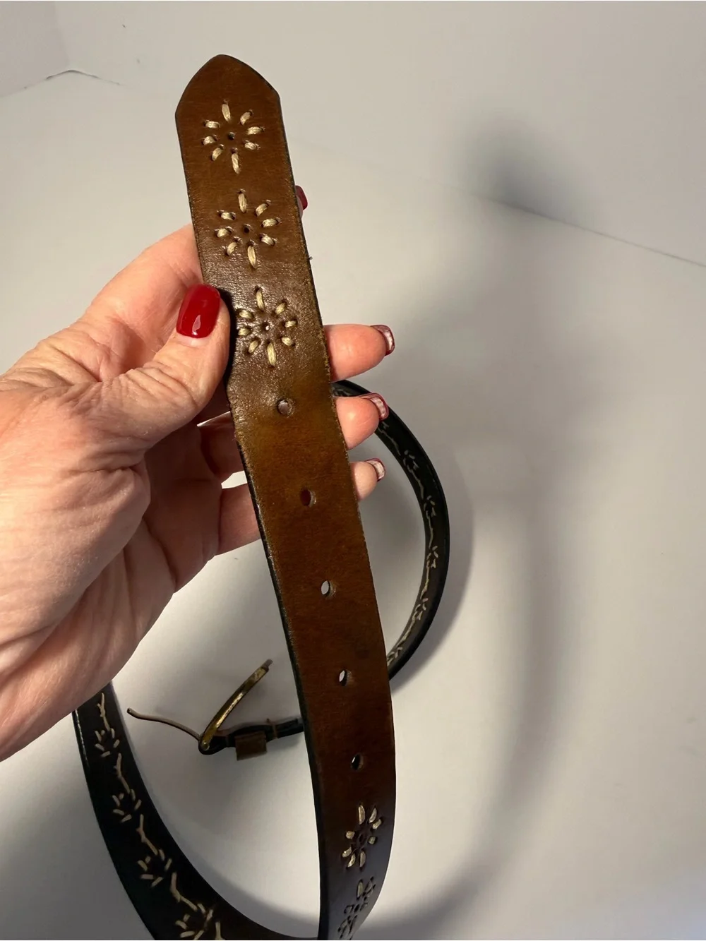 🌾 VTG Brown Leather Western Floral Embroidered Whipstitch Belt M 🌾